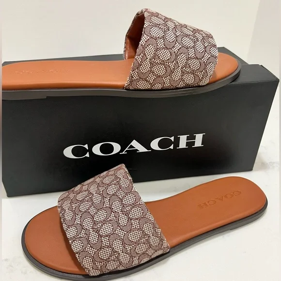 Coach Tan & Brown Signature Monogram Slide Sandals - Picture 2 of 12